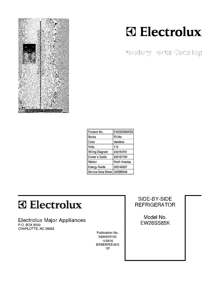 COVER Diagram and Parts List for EW26SS85KS0  Electrolux Refrigerator