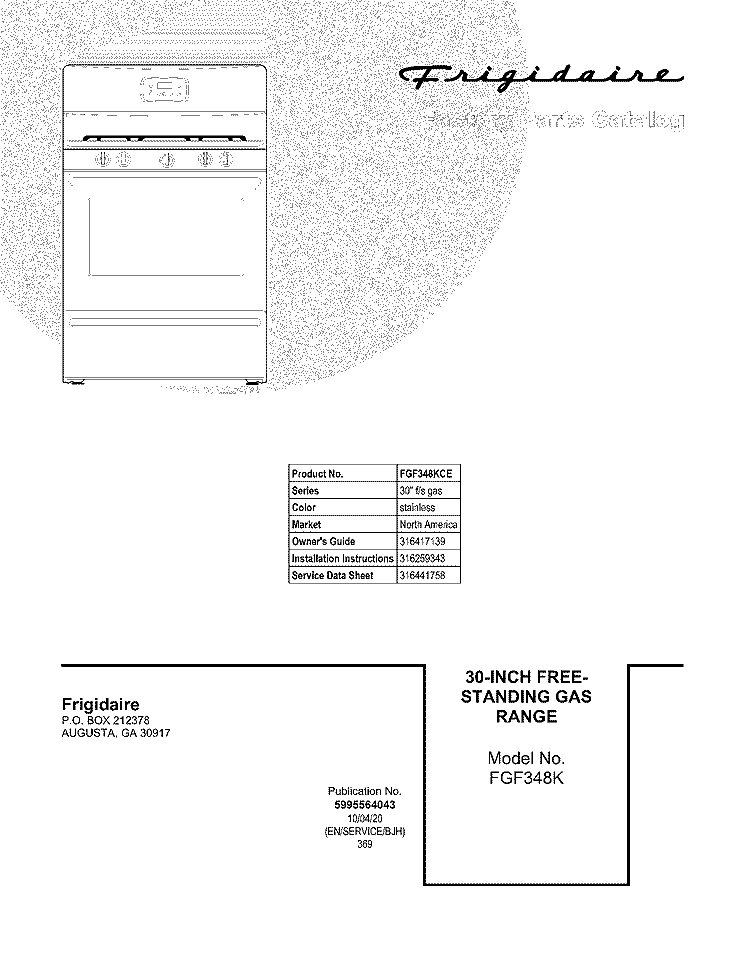 COVER Diagram and Parts List for FGF348KCE  Frigidaire Range