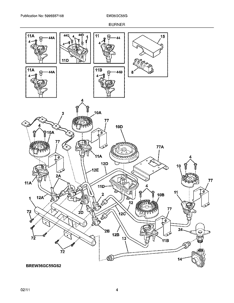 BURNER Diagram and Parts List for EW36GC55GW2  Electrolux Cooktop