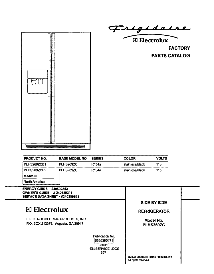 COVER Diagram and Parts List for PLHS269ZCB2  Frigidaire Refrigerator