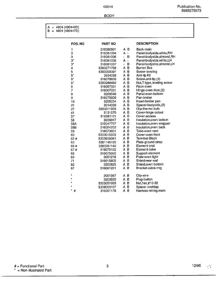 Body Page 2 Diagram and Parts List for 480440D  Frigidaire Range