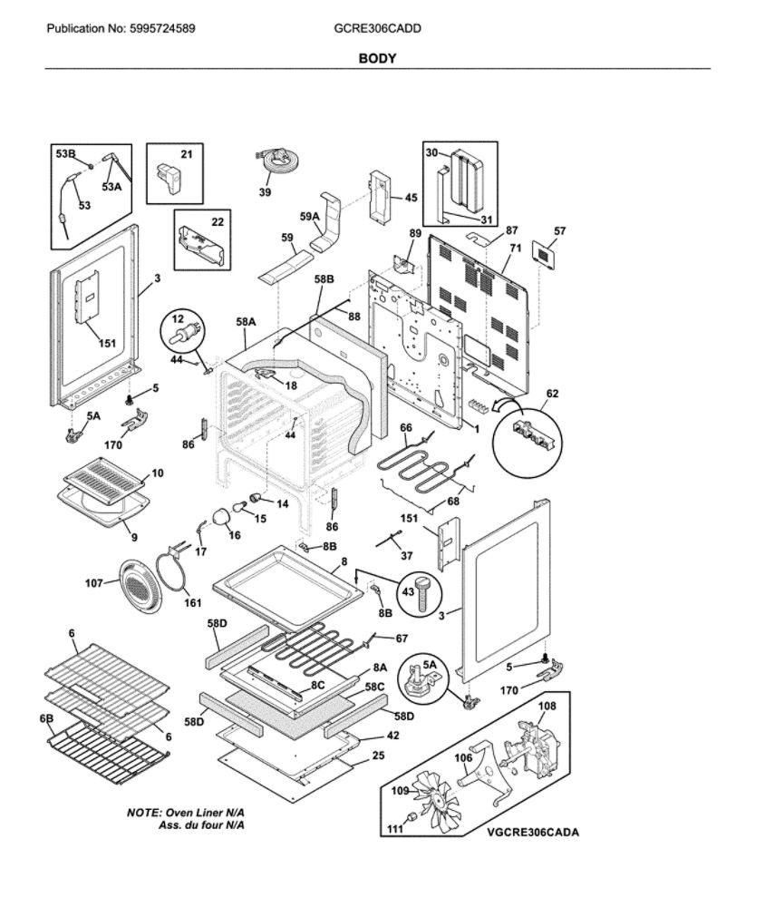 Body Diagram and Parts List for GCRE306CADD  Frigidaire Range