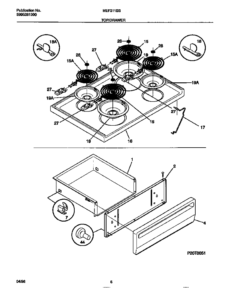 TOP / DRAWER Diagram and Parts List for MEF311SBDE  Frigidaire Range