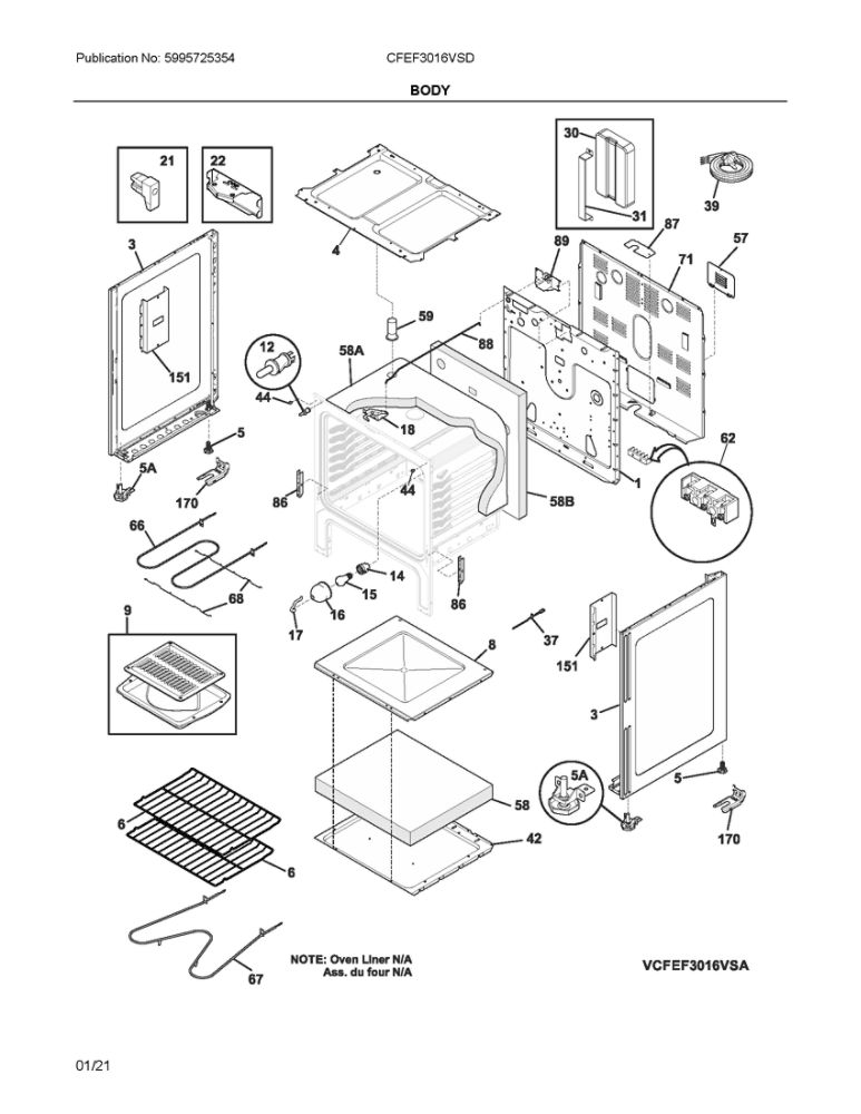 Body Diagram and Parts List for CFEF3016VSD  Frigidaire Range