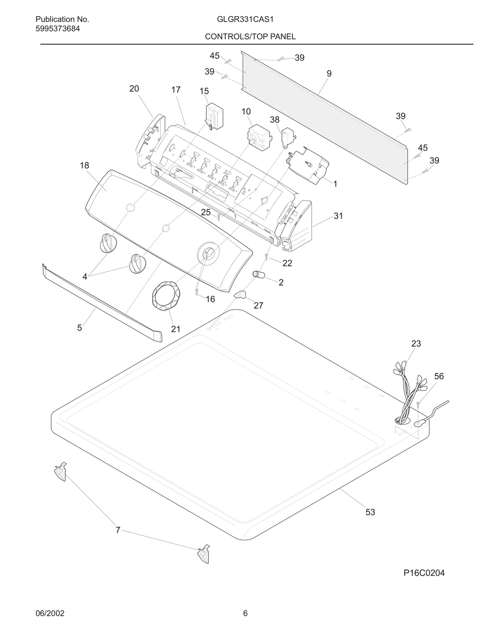 Controls/Top Panel Diagram and Parts List for GLGR331CAS1  Frigidaire Dryer