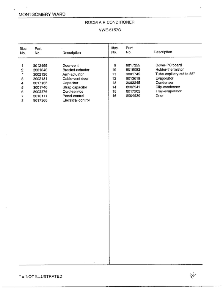 Room Air Conditioner Page 2 Diagram and Parts List for 5198B  Frigidaire Air Conditioner