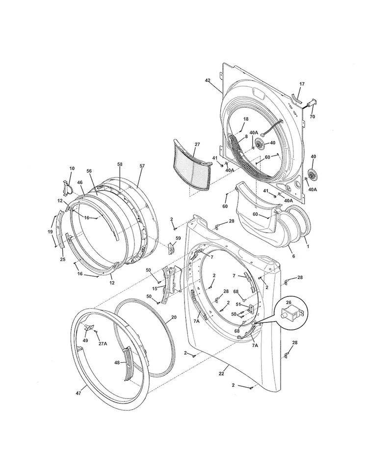 Front Panel/lint Filter Diagram and Parts List for EIGD50LIW0  Electrolux Dryer