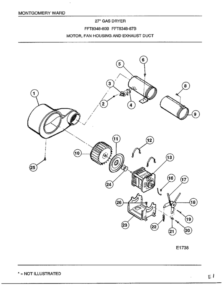 Motor, Fan Housing And Exhaust Duct Diagram and Parts List for 8348B  Frigidaire Dryer