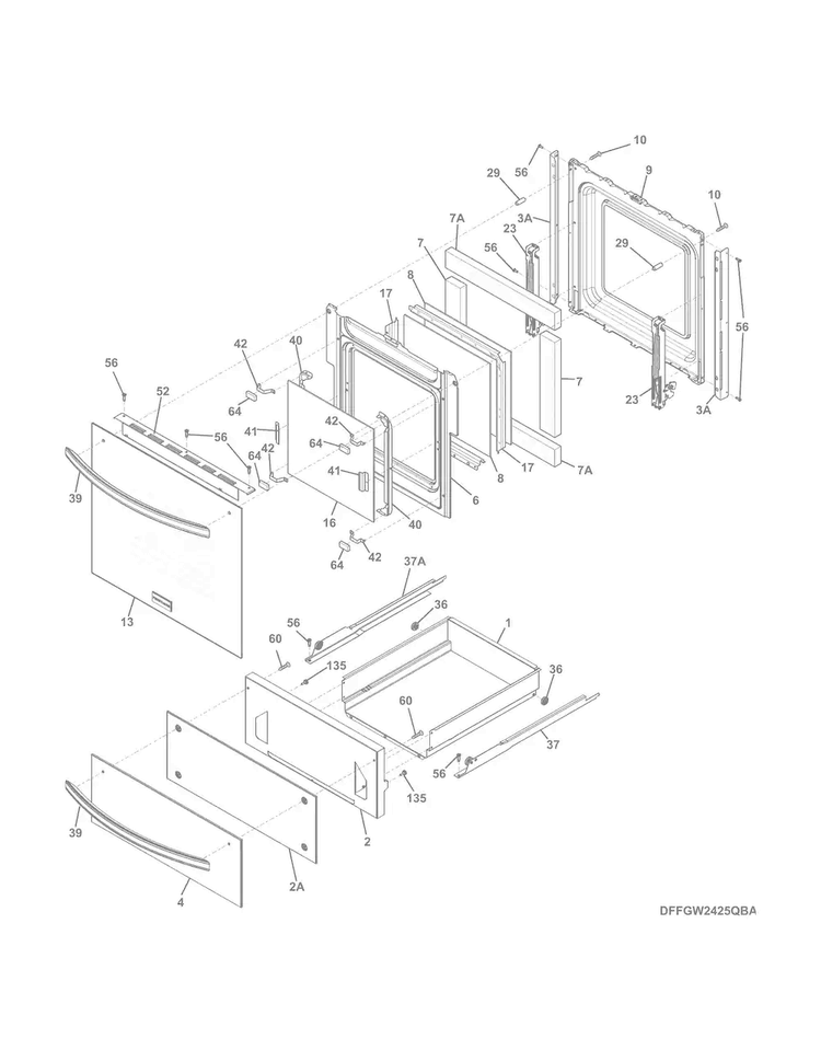 Door/drawer Diagram and Parts List for FFGW2425QBA  Frigidaire Wall Oven
