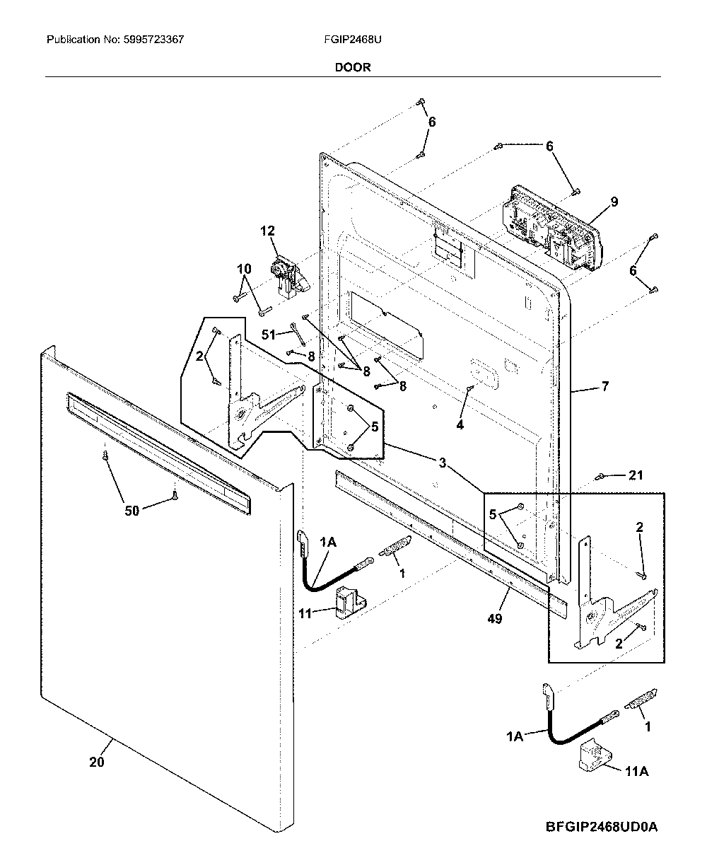 Door Diagram and Parts List for FGIP2468UD1A  Frigidaire Dishwasher