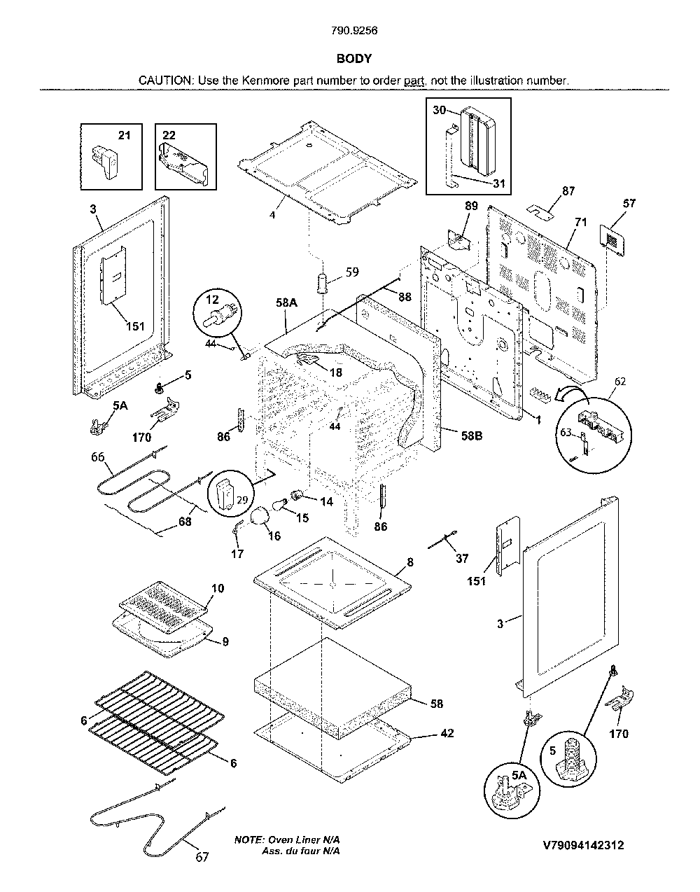 Body Diagram and Parts List for 79092562810  Kenmore Range