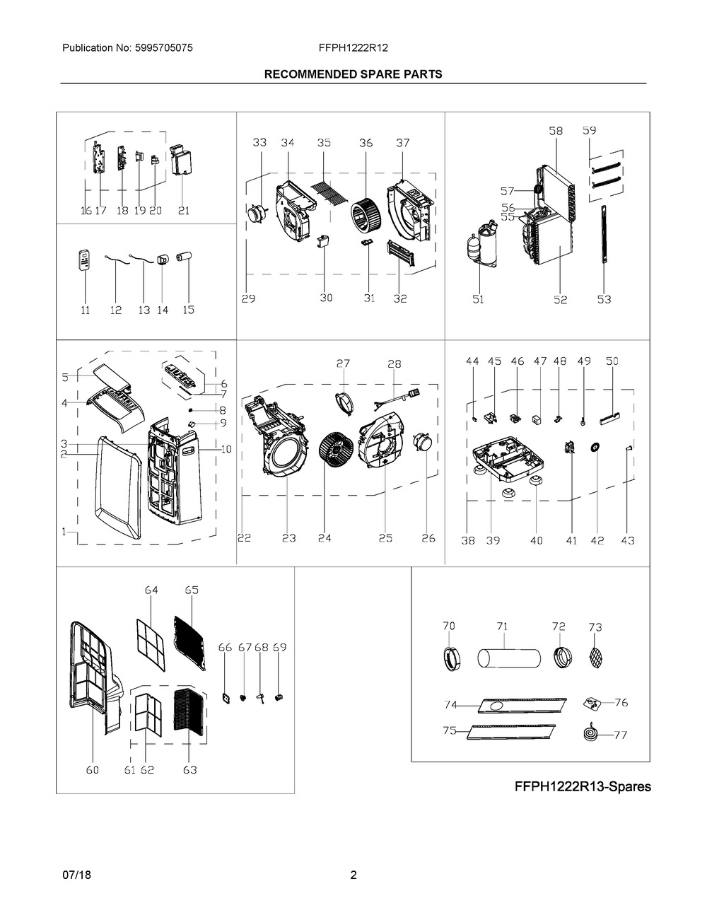 Recommended Spare Parts Diagram and Parts List for FFPH1222R12  Frigidaire Air Conditioner