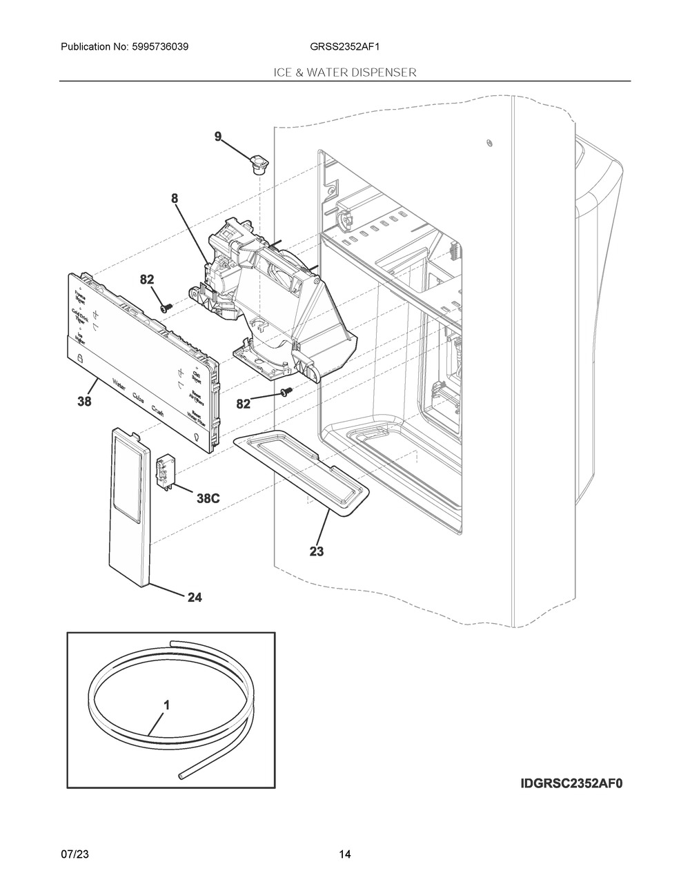 Ice And Water Dispenser Diagram and Parts List for GRSS2352AF1  Frigidaire Refrigerator