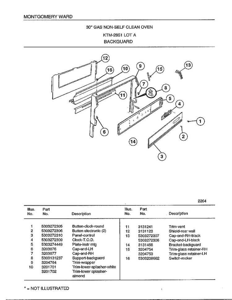 Backguard Diagram and Parts List for 2851A  Frigidaire Range