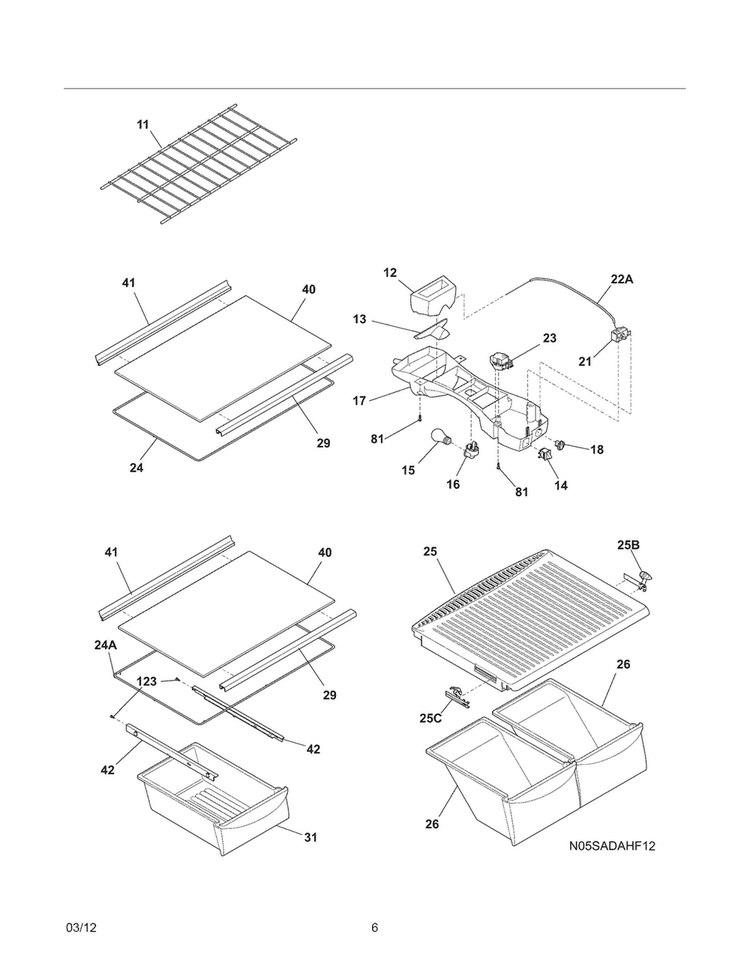 Shelves Diagram and Parts List for FFTR1515LW7  Frigidaire Refrigerator