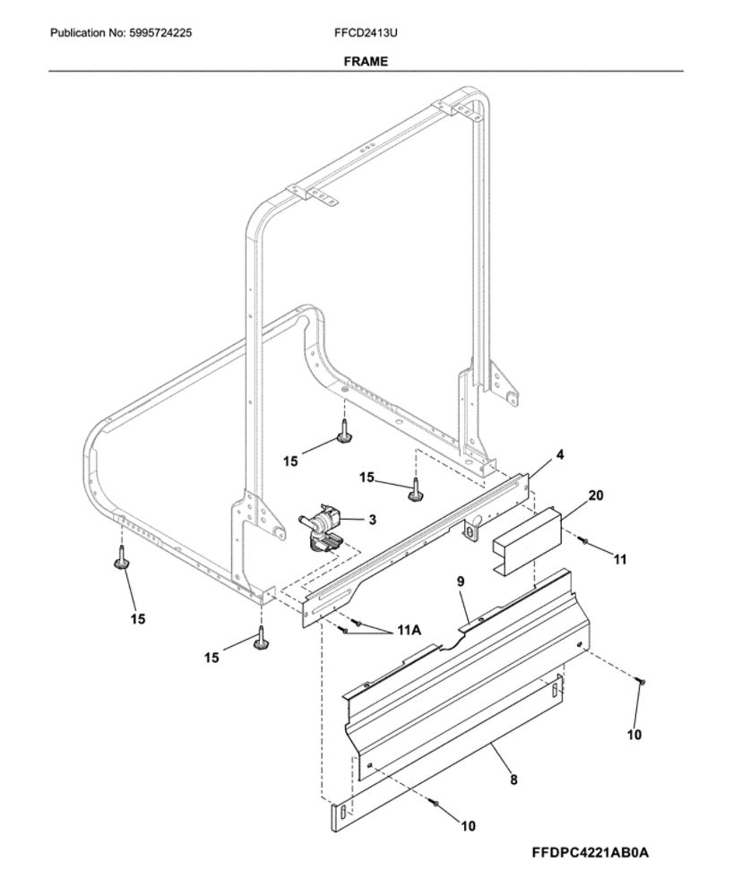 Frame Diagram and Parts List for FFCD2413US4A  Frigidaire Dishwasher