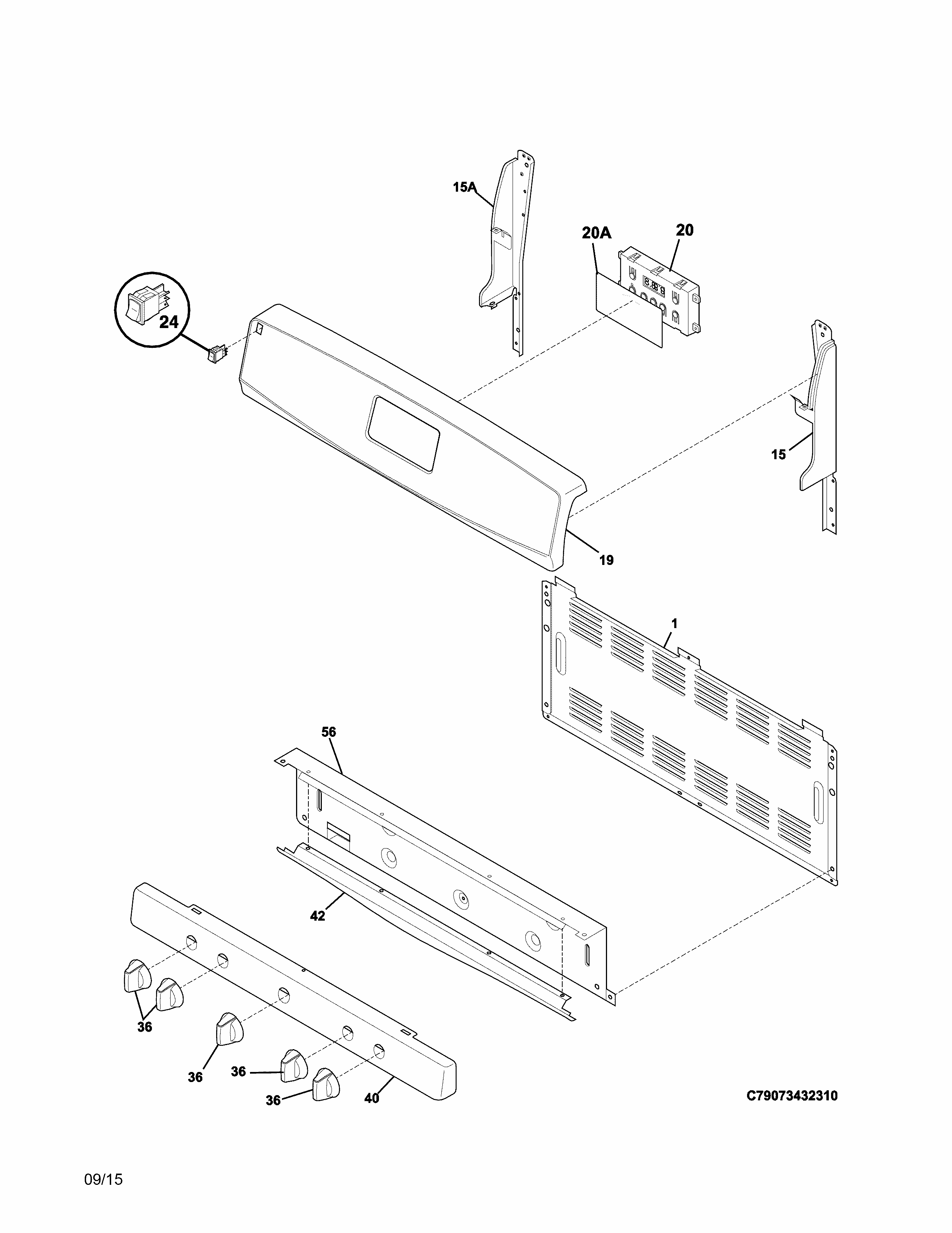 Backguard Diagram and Parts List for 79073439312  Kenmore Range