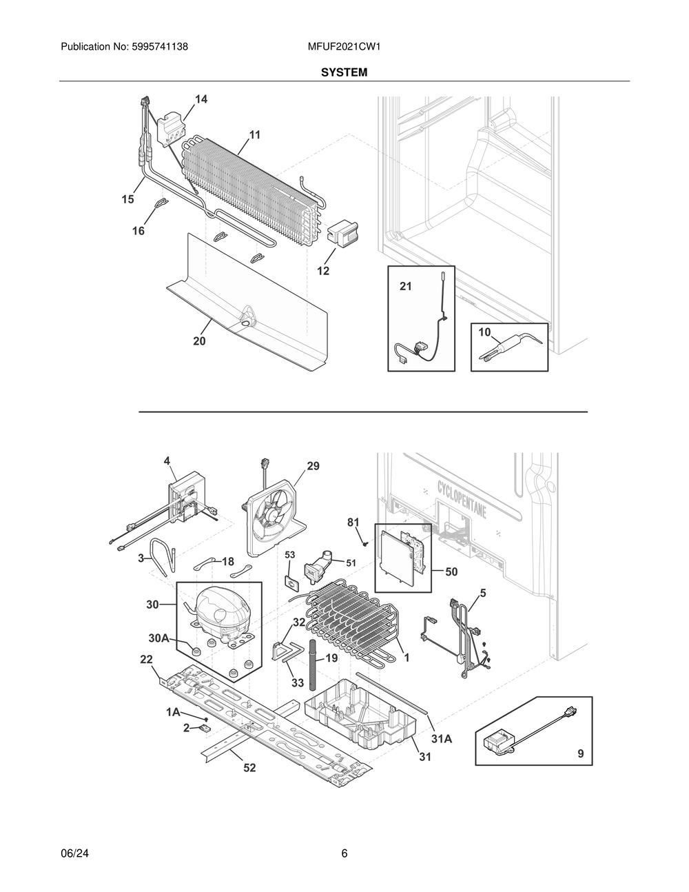 System Diagram and Parts List for MFUF2021CW1  Frigidaire Freezer