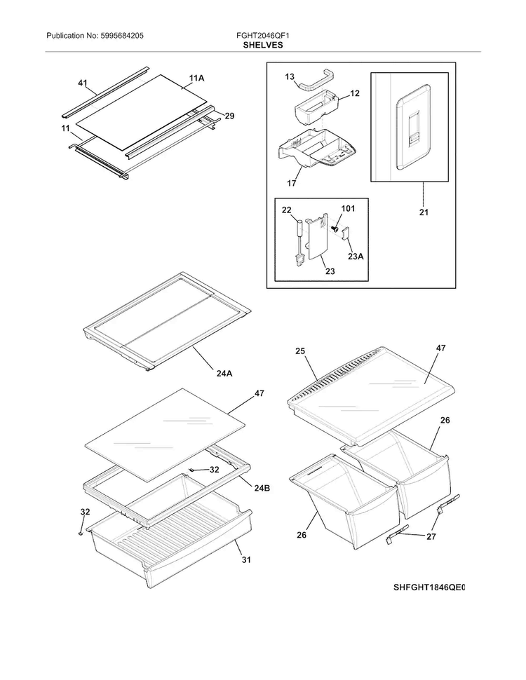 Shelves Diagram and Parts List for FGHT2046QF1  Frigidaire Refrigerator
