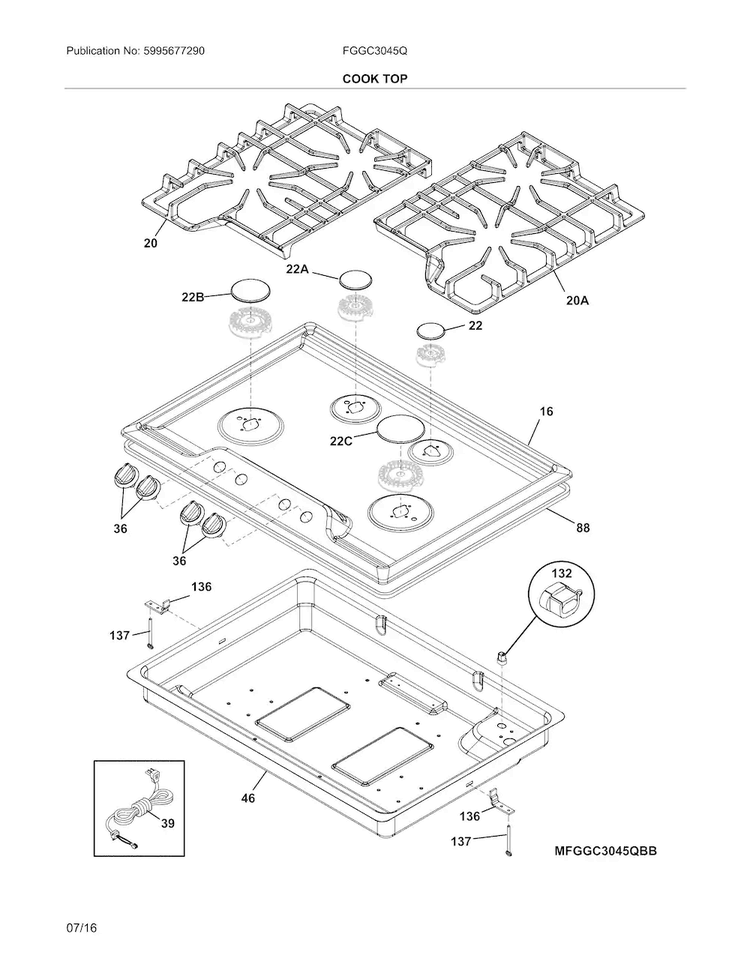Maintop Diagram and Parts List for FGGC3045QWB  Frigidaire Cooktop
