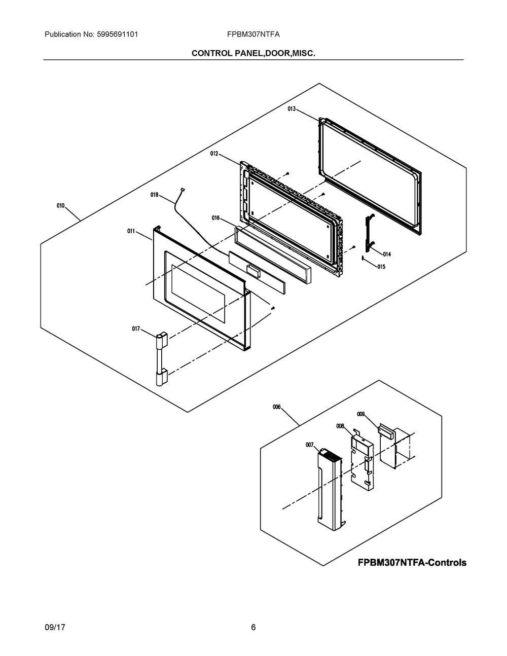 Control Panel, Door, Misc. Diagram and Parts List for FPBM307NTFA  Frigidaire Microwave