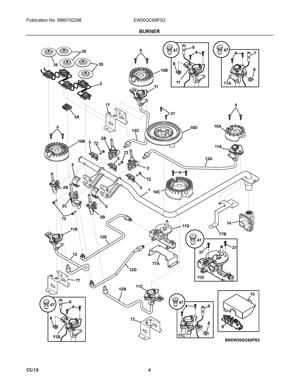 Burner Diagram and Parts List for EW30GC60PS2  Frigidaire Cooktop
