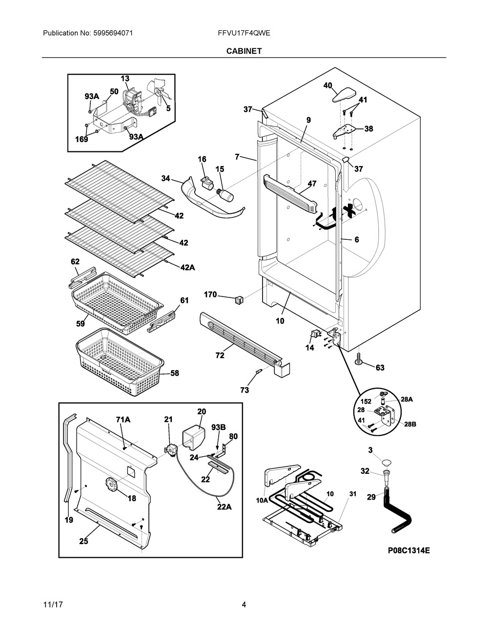 Cabinet Diagram and Parts List for FFVU17F4QWE  Frigidaire Freezer