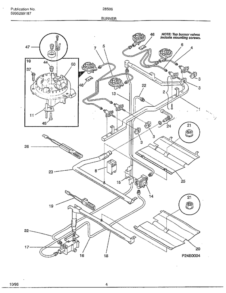 Burner Diagram and Parts List for 285860B  Frigidaire Range