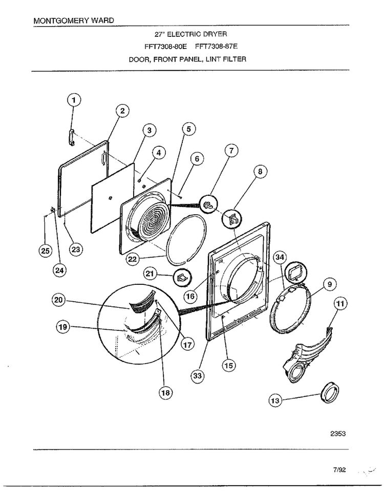 Door/front Panel/lint Filter Diagram and Parts List for 7308-80E  Frigidaire Dryer