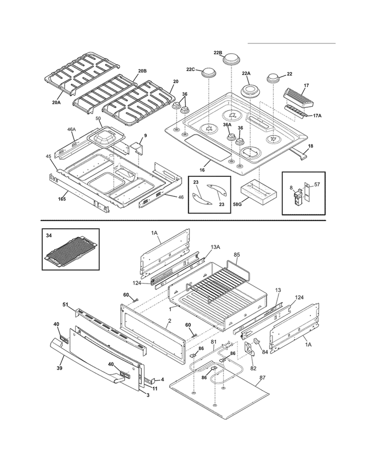 Top/drawer Diagram and Parts List for EW30GS65GWA  Electrolux Range