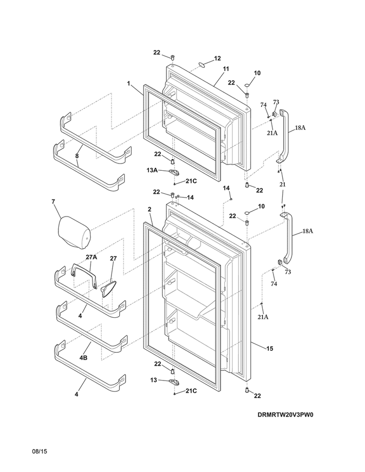 Doors Diagram and Parts List for MRTW20V3PW2  Uni Refrigerator