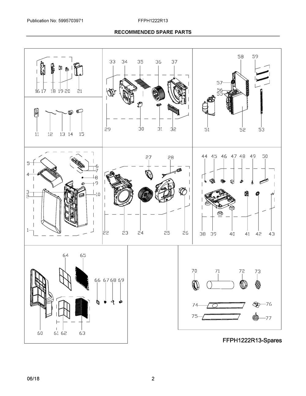 Recommended Spare Parts Diagram and Parts List for FFPH1222R13  Frigidaire Air Conditioner