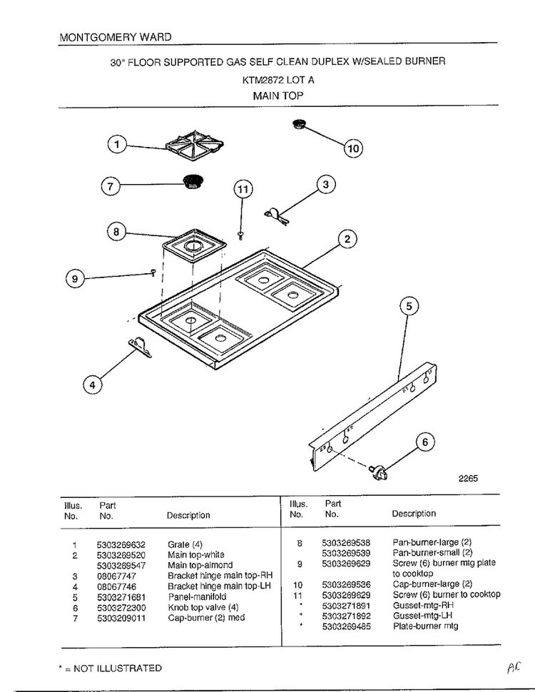 Main Top Diagram and Parts List for 2872A  Frigidaire Range