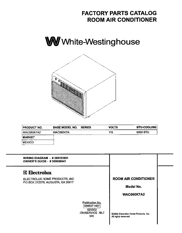 COVER Diagram and Parts List for WAC060K7A2  Frigidaire Air Conditioner