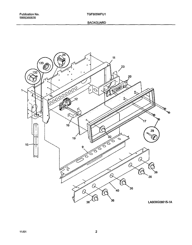 BACKGUARD Diagram and Parts List for TGF605WFU1  Tappan Range