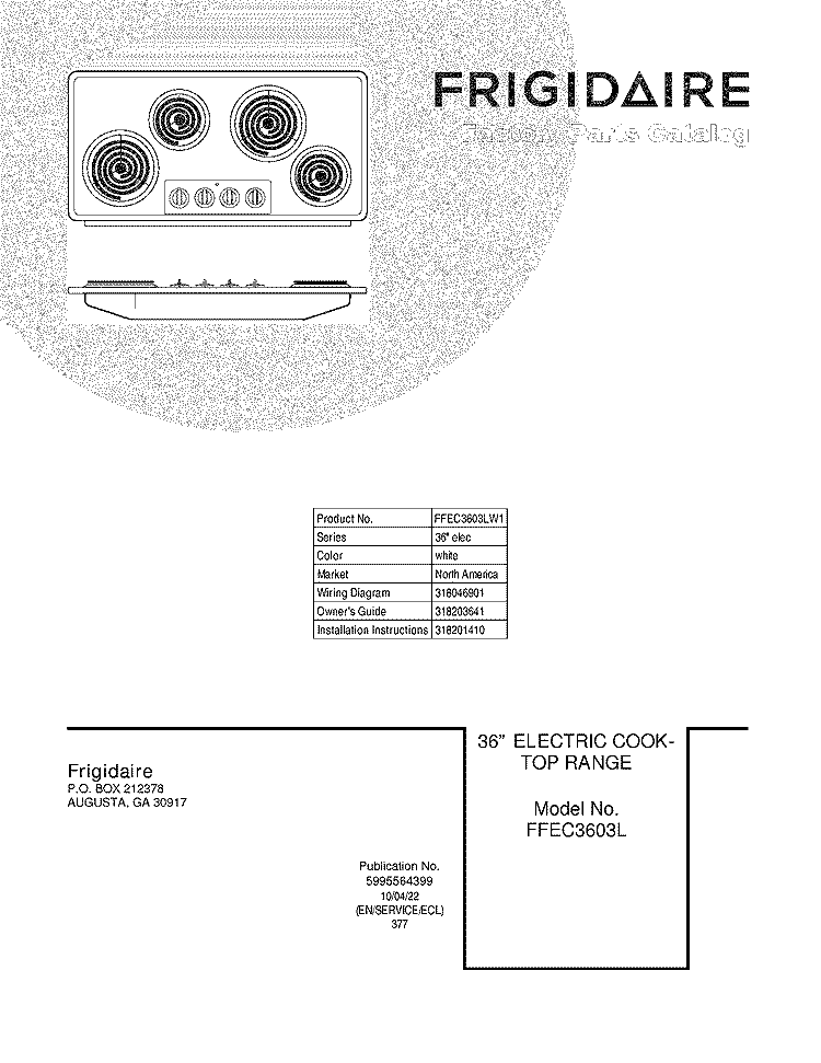 COVER Diagram and Parts List for FFEC3603LW1  Frigidaire Cooktop