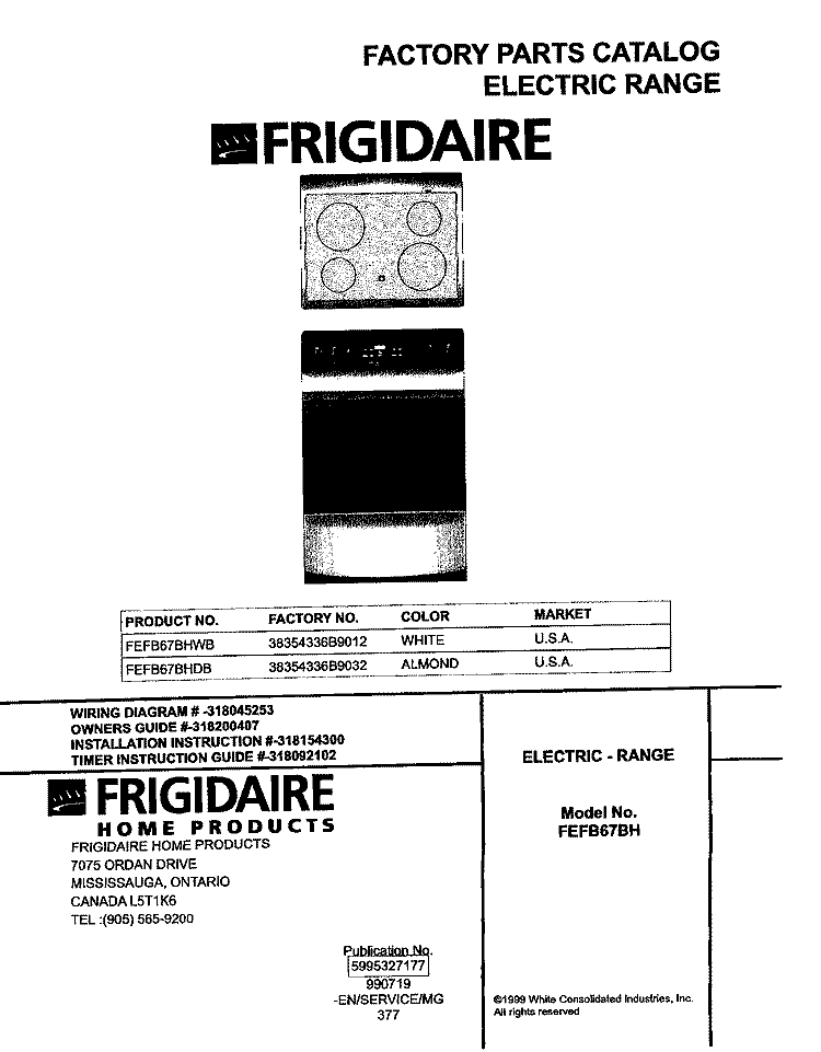 COVER Diagram and Parts List for FEFB67BHWB  Frigidaire Range
