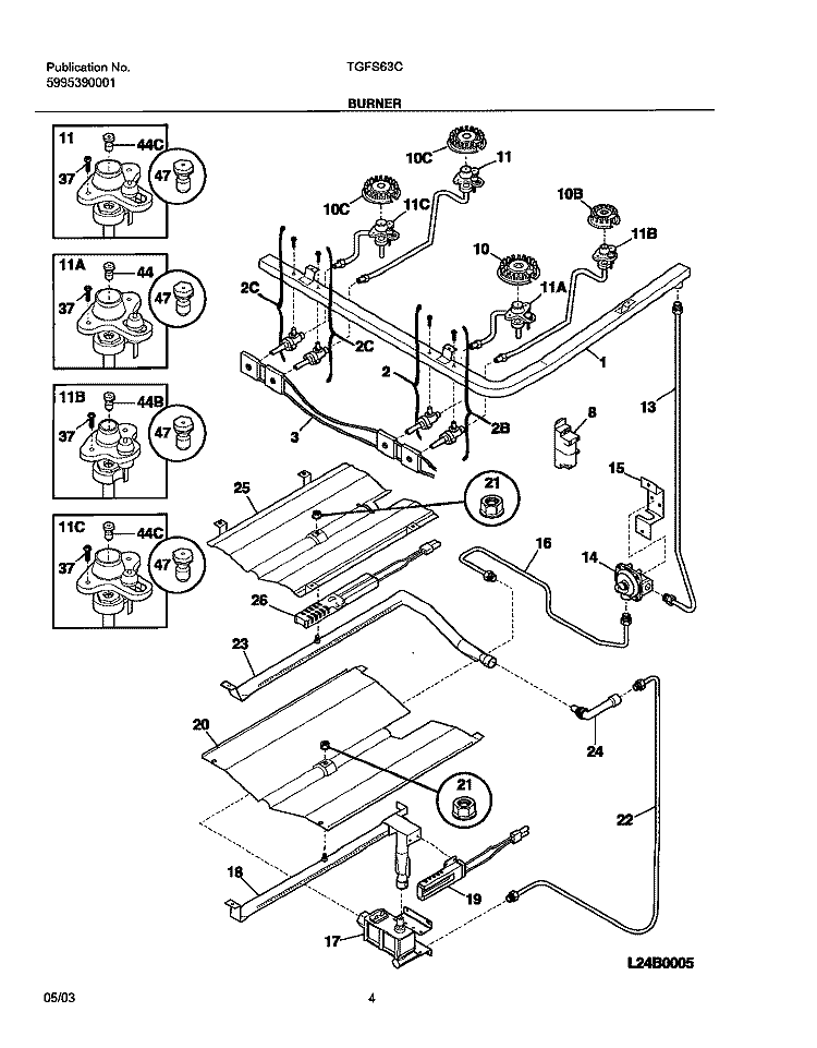 BURNER Diagram and Parts List for TGFS63CSA  Tappan Range