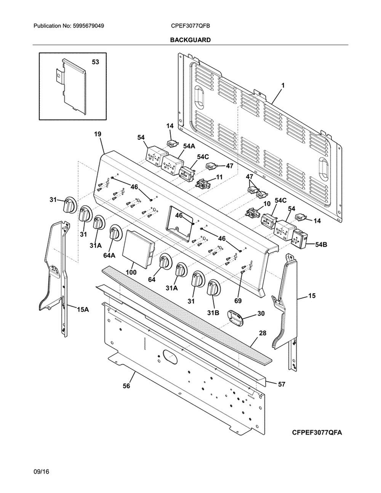 Backguard Diagram and Parts List for CPEF3077QFB  Frigidaire Range
