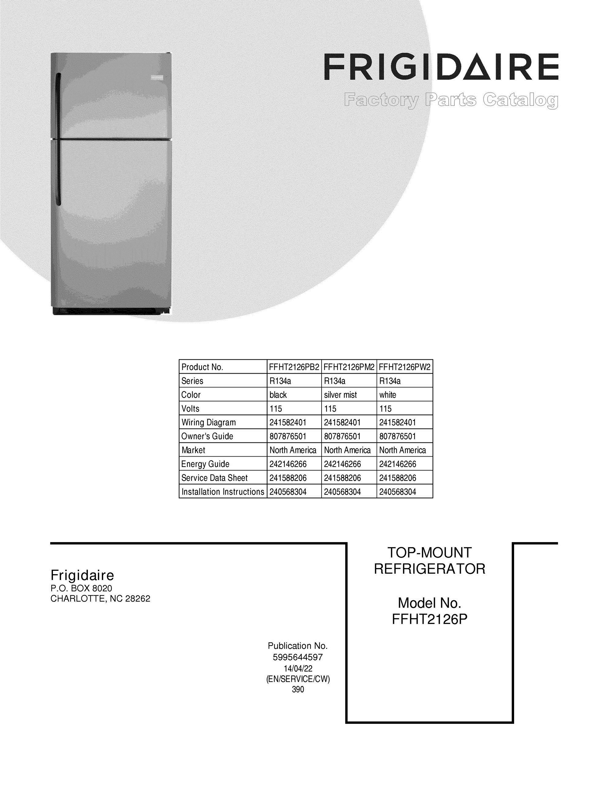 01 - COVER Diagram and Parts List for FFHT2126PB2  Frigidaire Refrigerator