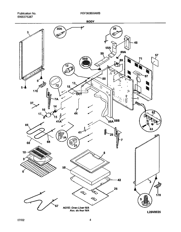 BODY Diagram and Parts List for FEF363BXAWB  Frigidaire Range