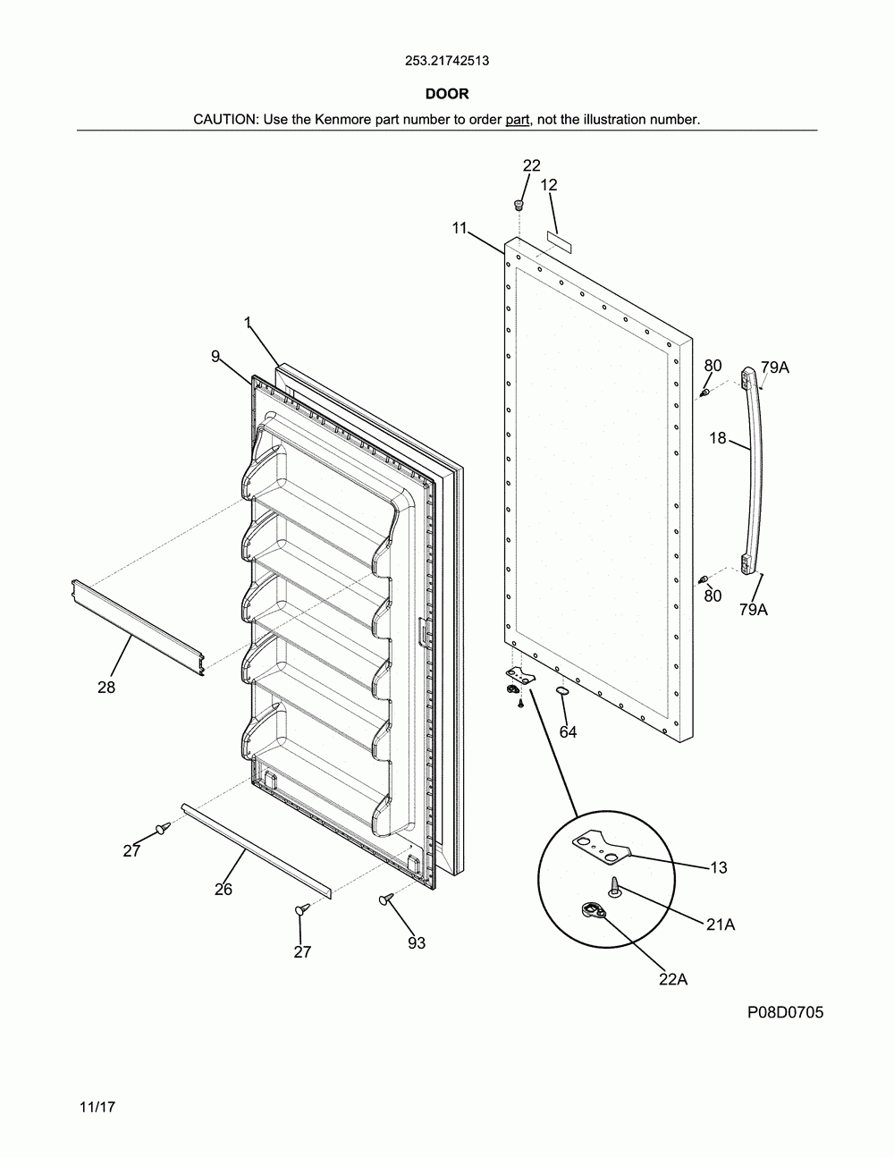 Door Diagram and Parts List for 25321742513  Kenmore Freezer