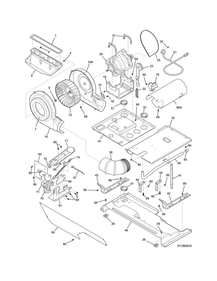 Motor/blower/belt Diagram and Parts List for SFLG4033RT0  Frigidaire Washer Dryer Combo