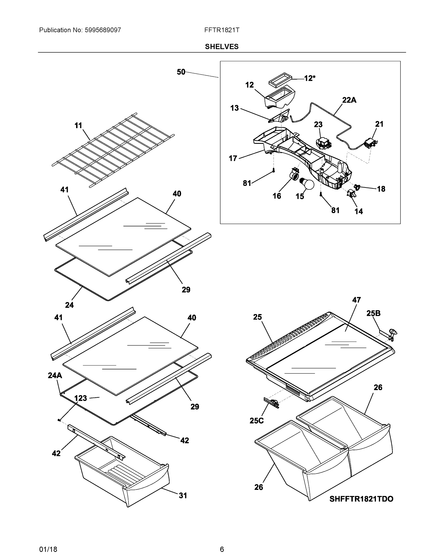 Shelves Diagram and Parts List for FFTR1821TS0  Frigidaire Refrigerator