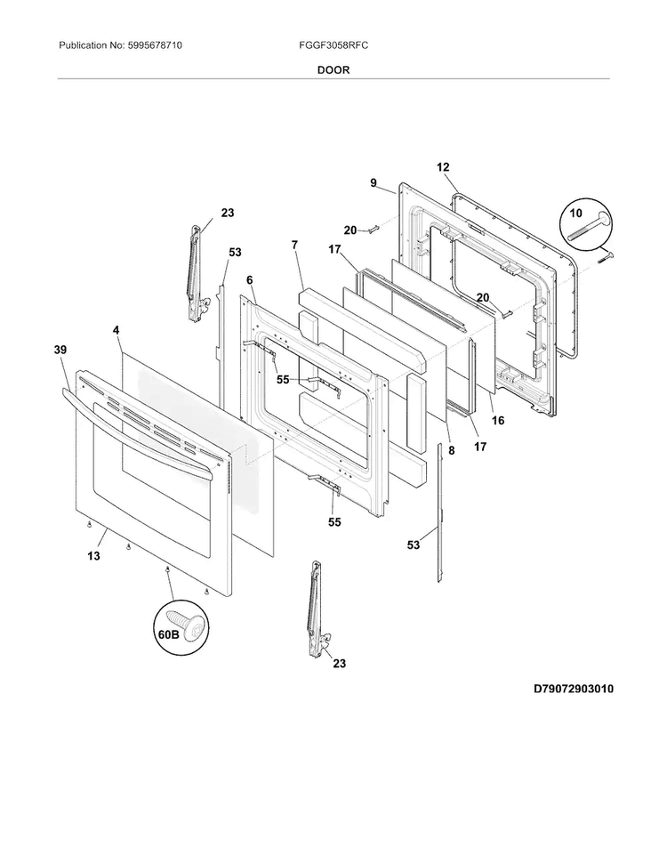 Door Diagram and Parts List for FGGF3058RFC  Frigidaire Range