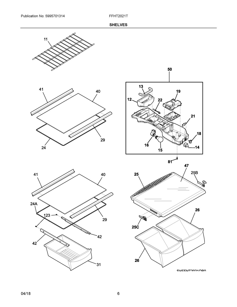Shelves Diagram and Parts List for FFHT2021TB1  Frigidaire Refrigerator