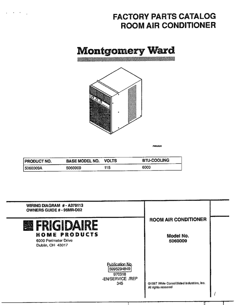 Room Air Conditioner Diagram and Parts List for 5060009  Frigidaire Air Conditioner