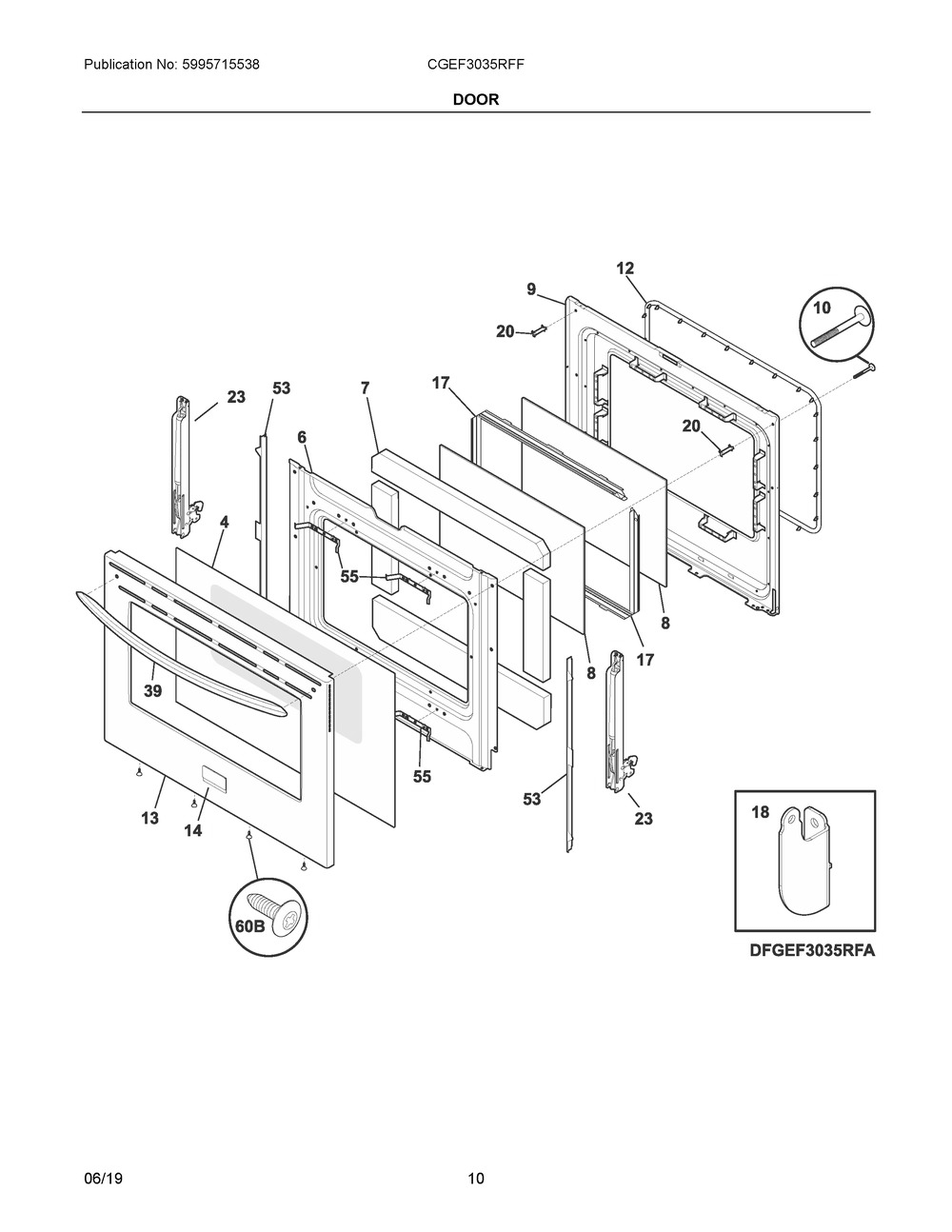 Door Diagram and Parts List for CGEF3035RFF  Frigidaire Range