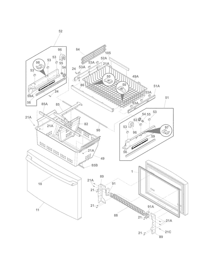 Freezer Drawer, Baskets Diagram and Parts List for EI23BC60KS2  Electrolux Refrigerator