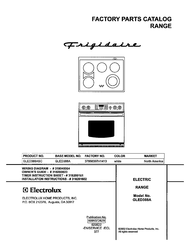 COVER Diagram and Parts List for GLED388ASC  Frigidaire Range